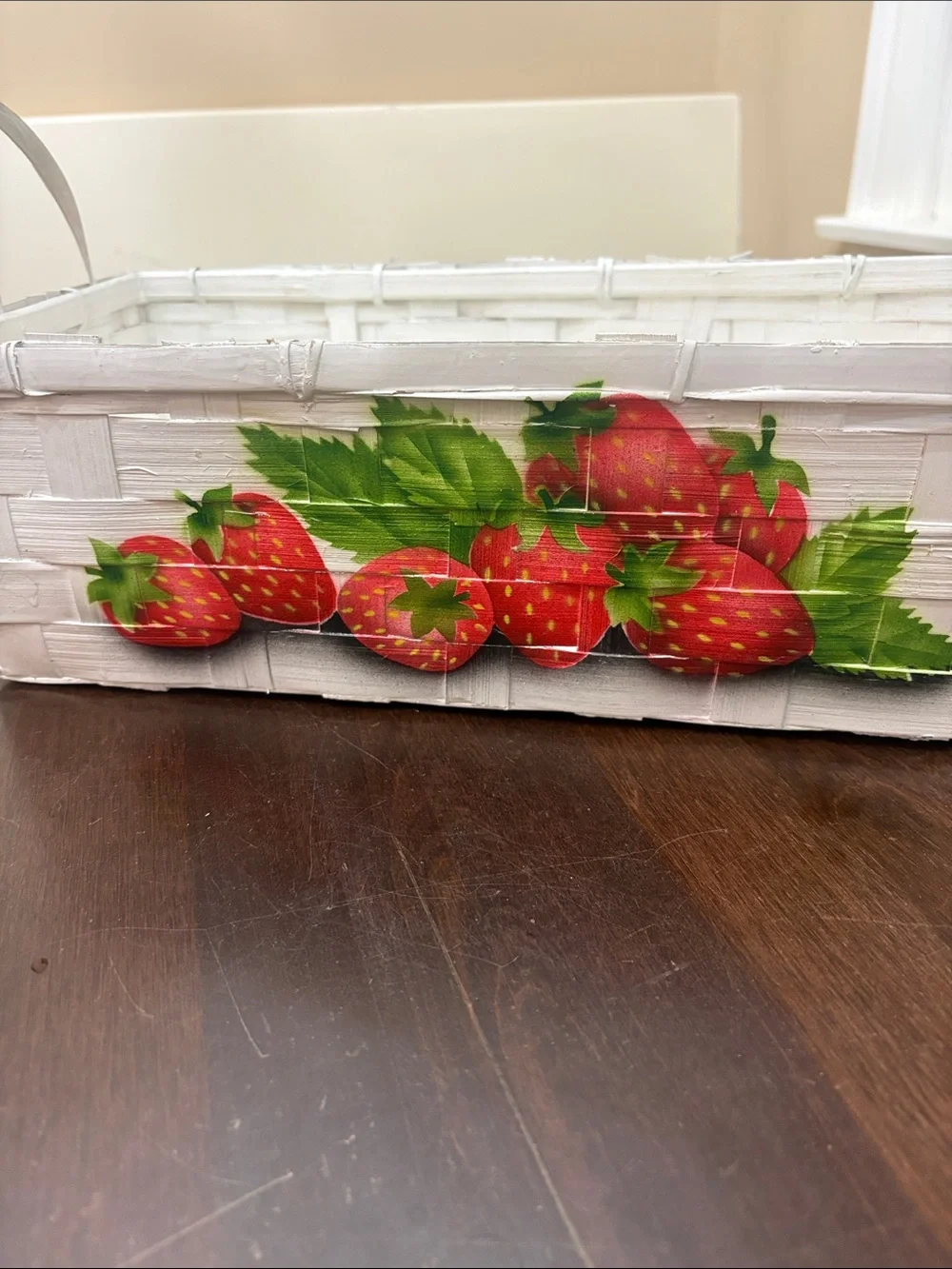 White Woven Rectangular Basket with Strawberry painting